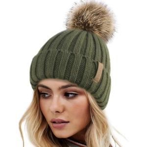 imageFURTALK Womens Winter Knitted Beanie Hat with Faux Fur Pom Warm Knit Skull Cap Beanie for WomenPine Green