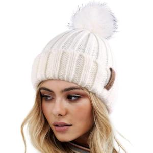 imageFURTALK Womens Winter Knitted Beanie Hat with Faux Fur Pom Warm Knit Skull Cap Beanie for WomenWhite With White Pom