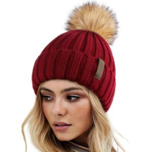 imageFURTALK Womens Winter Knitted Beanie Hat with Faux Fur Pom Warm Knit Skull Cap Beanie for WomenWine Red