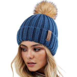 imageFURTALK Womens Winter Knitted Beanie Hat with Faux Fur Pom Warm Knit Skull Cap Beanie for WomenWood Blue