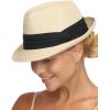 imageFURTALK Fedora Straw Sun Hat for Men Women Foldable Roll Up Short Brim Trilby Hat Panama Beach Hat UPF 80Beige