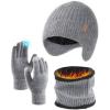 imageFURTALK Mens Winter Knit Beanie with Earflap Neck Warmer and Gloves Set Warm Fleece Lined Skull CapGrey