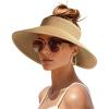 imageWomens Sun Visor Hats Wide Brim Straw Beach Hat UV Protection Ponytail Packable Beach Vacation EssentialsKhaki