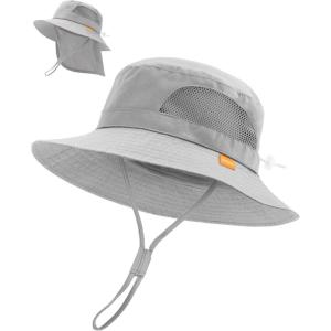 imageFURTALK Baby Toddler Sun Hat Bucket Hat with Neck Flap Wide Brim Hats Beach Vacation EssentialsGrey