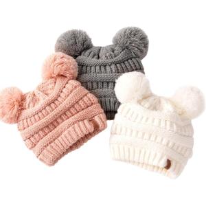 imageFURTALK Baby Winter Knitted Beanie Hat Soft Warm Lined Pom Pom for Infant Toddler Skull CapPinkwhitegrey