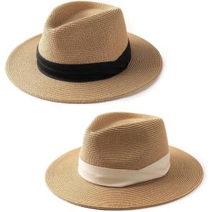 imageFURTALK Beach Sun Hat for Women Men Wide Brim Fedora Summer Straw Hats UPF 80Khakiblack RibbonKhakiwhite Ribbon