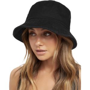 imageFURTALK Bucket Hats for Women Washed Cotton Packable Summer Beach Sun Hats Bucket Hat with Strings for TravelBlack