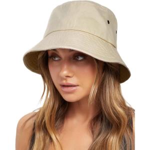 imageFURTALK Bucket Hats for Women Washed Cotton Packable Summer Beach Sun Hats Bucket Hat with Strings for TravelLight Khaki