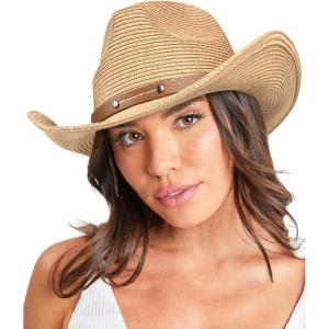 imageFURTALK Cowboy Sun Hats for Women Men Western Cowgirl Hats with Wind Lanyard UPF 80 Beach HatKhaki