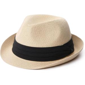 imageFURTALK Fedora Straw Sun Hat for Men Women Foldable Roll Up Short Brim Trilby Hat Panama Beach Hat UPF 80Beige
