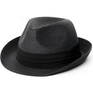 imageFURTALK Fedora Straw Sun Hat for Men Women Foldable Roll Up Short Brim Trilby Hat Panama Beach Hat UPF 80Black