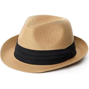 imageFURTALK Fedora Straw Sun Hat for Men Women Foldable Roll Up Short Brim Trilby Hat Panama Beach Hat UPF 80Khaki