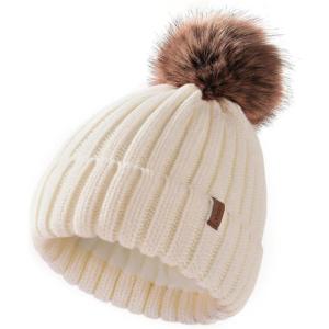 imageFURTALK Kids Winter Hat Toddler Knitted Beanie with Faux Fur Pom Poms for Baby Girls BoysBeige
