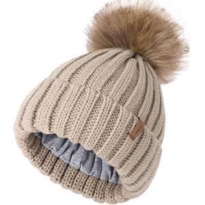 imageFURTALK Kids Winter Hat Toddler Knitted Beanie with Faux Fur Pom Poms for Baby Girls BoysLight Khaki