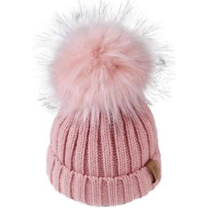 imageFURTALK Kids Winter Hat Toddler Knitted Beanie with Faux Fur Pom Poms for Baby Girls BoysPink With Pink Pom