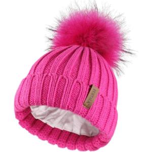 imageFURTALK Kids Winter Hat Toddler Knitted Beanie with Faux Fur Pom Poms for Baby Girls BoysRose Red