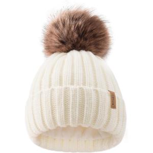 imageFURTALK Kids Winter Hat Toddler Knitted Beanie with Faux Fur Pom Poms for Baby Girls BoysWhite