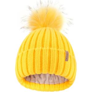 imageFURTALK Kids Winter Hat Toddler Knitted Beanie with Faux Fur Pom Poms for Baby Girls BoysYellow