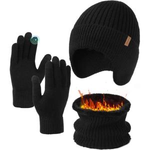 imageFURTALK Mens Winter Knit Beanie with Earflap Neck Warmer and Gloves Set Warm Fleece Lined Skull CapBlack