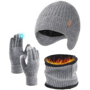 imageFURTALK Mens Winter Knit Beanie with Earflap Neck Warmer and Gloves Set Warm Fleece Lined Skull CapGrey