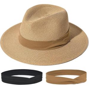imageFURTALK Panama Hat Sun Hats for Women Men Wide Brim Fedora Straw Beach Hat UV UPF 80Blackbrown Ribbon