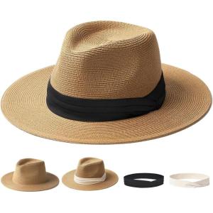imageFURTALK Panama Hat Sun Hats for Women Men Wide Brim Fedora Straw Beach Hat UV UPF 80Blackwhite Ribbon