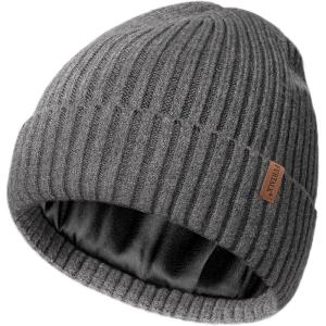 imageFURTALK Satin Lined Knit Beanie for Men Women Winter Hats Silk Lining Slouchy Warm Cuffed CapGray
