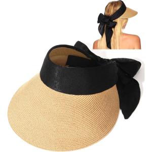 imageFURTALK Straw Sun Visor Hats for Women Summer Beach Sun Hat Packable UPF 80 Sun Protection Travel Hat with Big Tie