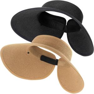 imageFURTALK Straw Sun Visor Hats for Women UPF 80 Wide Brim Pontytail Summer Beach HatsKhakiblack