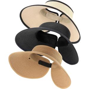 imageFURTALK Straw Sun Visor Hats for Women UPF 80 Wide Brim Pontytail Summer Beach HatsKhakiblackbeige With Black