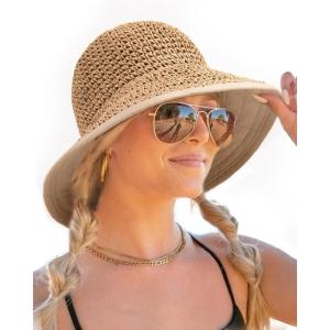 imageFURTALK Summer Straw Beach Sun Hats for Women UPF 50 Floppy Wide Brim Travel Bucket Hat Foldable PackableKhaki