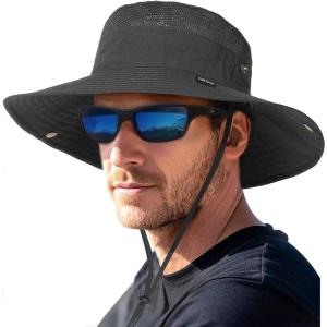 imageFURTALK Sun Hats for Men Women Fishing Hat UPF 80 Breathable Wide Brim Hiking Summer UV Protection Bucket HatsBlack
