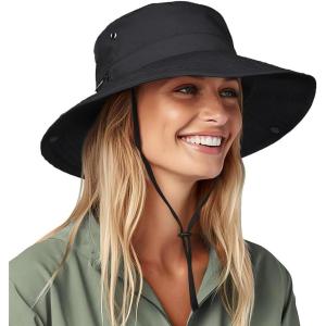 imageFURTALK Sun Hats for Women Ponytail UPF 50 Beach Summer Hat Wide Brim Packable Cowboy HatPure Black