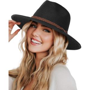 imageFURTALK Sun Hats for Women Summer Wide Brim UV UPF 80 Panama Fedora Foldable Packable Straw Beach HatBlack