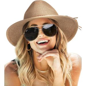 imageFURTALK Sun Hats for Women Summer Wide Brim UV UPF 80 Panama Fedora Foldable Packable Straw Beach HatCoffee Brown