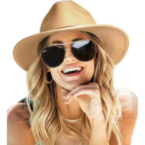 imageFURTALK Sun Hats for Women Summer Wide Brim UV UPF 80 Panama Fedora Foldable Packable Straw Beach HatKhaki
