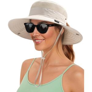 imageFURTALK Sun Hats for Women with Ponytail Hole Beach Hiking Summer Wide Brim Outdoor UV Protection Packable Bucket Safari HatBeige