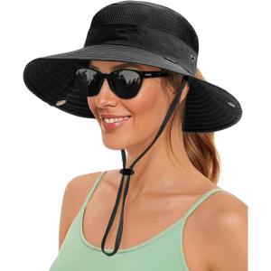 imageFURTALK Sun Hats for Women with Ponytail Hole Beach Hiking Summer Wide Brim Outdoor UV Protection Packable Bucket Safari HatBlack