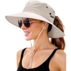 imageFURTALK Sun Hats for Women with Ponytail Hole Wide Brim Beach Bucket Hat UPF 50 Fishing Hiking Outdoor HatsBeige