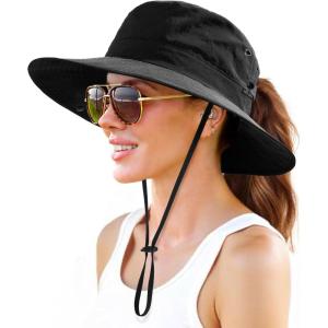 imageFURTALK Sun Hats for Women with Ponytail Hole Wide Brim Beach Bucket Hat UPF 50 Fishing Hiking Outdoor HatsBlack