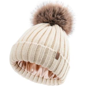 imageFURTALK Toddler Beanie Satin Lined Baby Boys Girls Winter Hats Pom Pom Beanies for KidsBeige