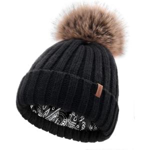 imageFURTALK Toddler Beanie Satin Lined Baby Boys Girls Winter Hats Pom Pom Beanies for KidsBlack