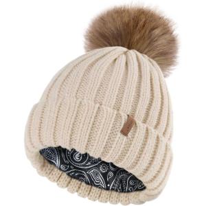 imageFURTALK Toddler Beanie Satin Lined Baby Boys Girls Winter Hats Pom Pom Beanies for KidsKhaki