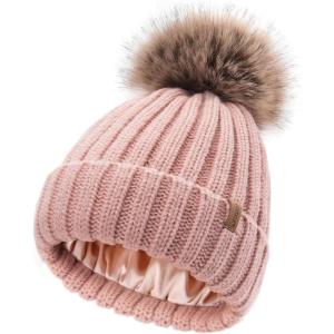 imageFURTALK Toddler Beanie Satin Lined Baby Boys Girls Winter Hats Pom Pom Beanies for KidsPink