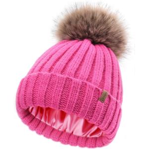 imageFURTALK Toddler Beanie Satin Lined Baby Boys Girls Winter Hats Pom Pom Beanies for KidsRose Red
