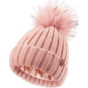 imageFURTALK Toddler Beanie Satin Lined Baby Boys Girls Winter Hats Pom Pom Beanies for KidsTender Pink