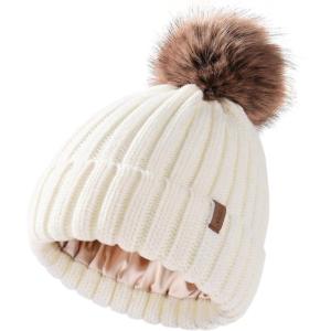 imageFURTALK Toddler Beanie Satin Lined Baby Boys Girls Winter Hats Pom Pom Beanies for KidsWhite
