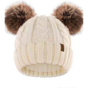 imageFURTALK Toddler Warm Winter Hat Kids Baby Knitted Soft Beanie with Double Faux Fur Pom Poms for Girls BoysBeige