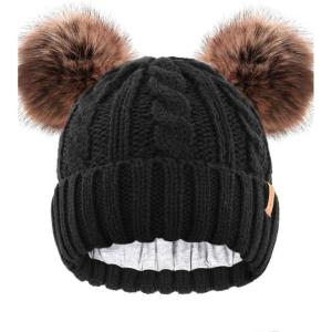 imageFURTALK Toddler Warm Winter Hat Kids Baby Knitted Soft Beanie with Double Faux Fur Pom Poms for Girls BoysBlack