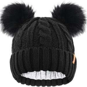 imageFURTALK Toddler Warm Winter Hat Kids Baby Knitted Soft Beanie with Double Faux Fur Pom Poms for Girls BoysBlack With Black Pom